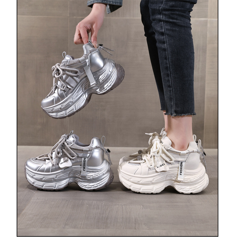 Giày sneaker nữ đế dày chunky mặt lưới thoáng khí, tăng chiều cao bên trong, đính đá rhinestone thời trang — Màu be chi tiết 17