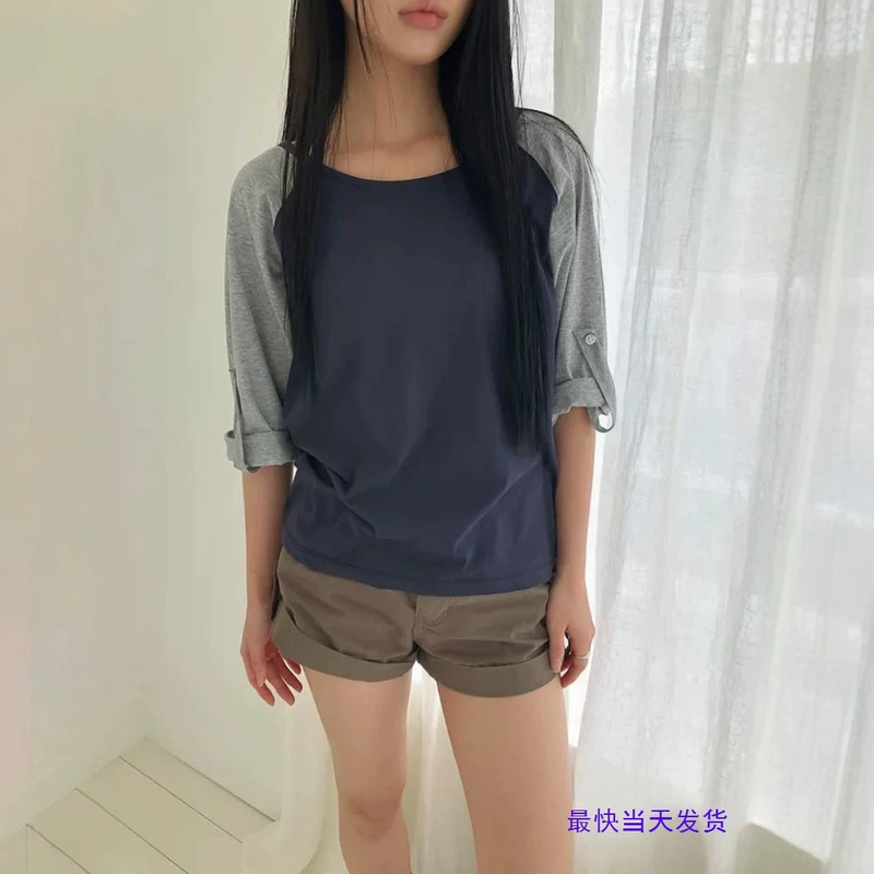 Korean-style summer loose-fit color-block T-shirt for women, 2026 round-neck long-sleeve color-block pullover base top