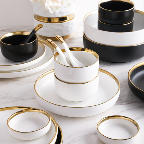 Silver Light Luxury Ceramic Gold Edge Silver Edge Tableware Set Dinner Plates and Bowls, Soup Bowls, Western Dinner Plates and Bowl Set Combination