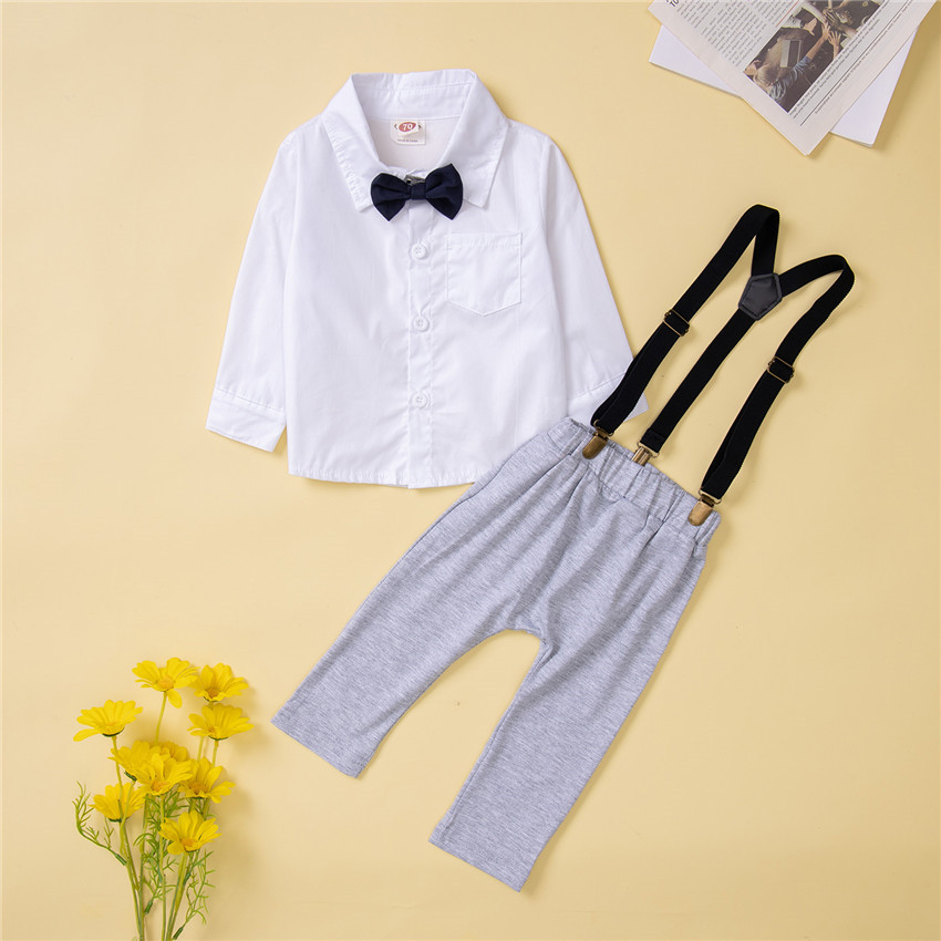 Spring and Autumn New Gentleman's Set Fashion Boys' Baby White Tie Shirt+Strap Pants_voghion.com
