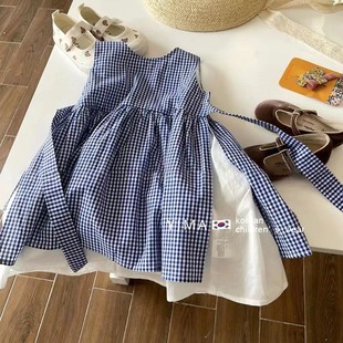 Pink House South Korea children's clothing 2024 Summer girls' Western style plaid dress vest skirt children's cute skirt