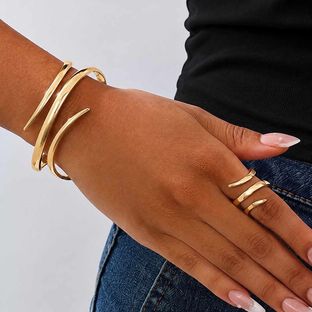 Moda transfronteriza europea y americana personalidad creativa metal geométrico cuadrado apertura ajustable pulsera femenina anillo conjunto de joyería image 3
