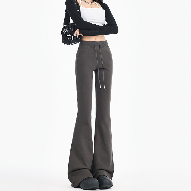 Gray Flared Sweatpants for Women, Autumn and Winter, Slimming, Fleece-Lined, Trendy, Floor-Length, Casual, Low-Waisted, Sports Pants, Fleece-Lined, Warm