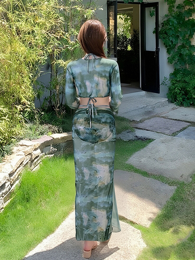 Traje de Baño de Cuatro Piezas con Protección Solar para Mujer Manga Larga de Poliéster para Playa image 5