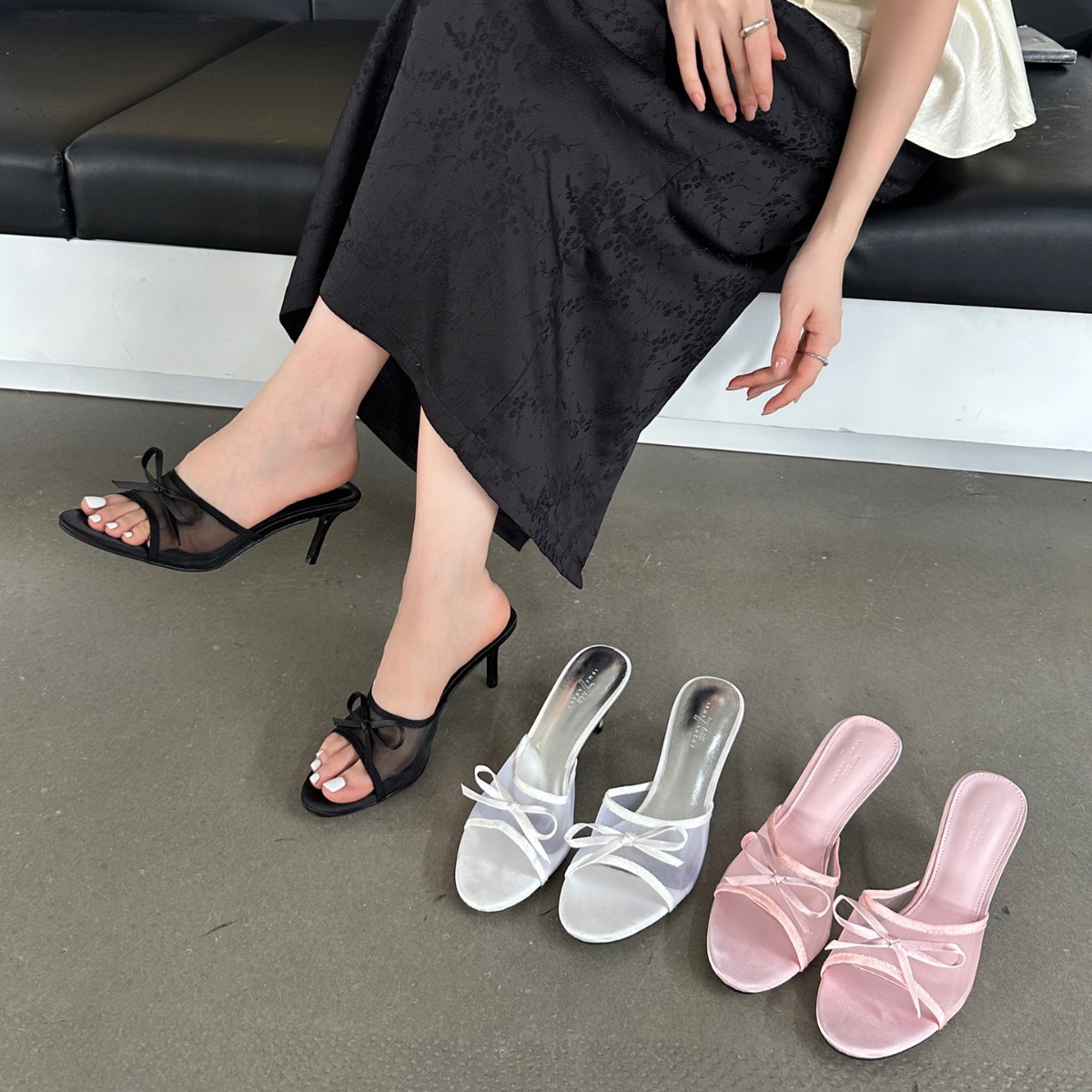 2024 Summer New European and American Style Stiletto Heel Women's Sandals with Bowknot Mesh Half Slippers for Women Niche Style