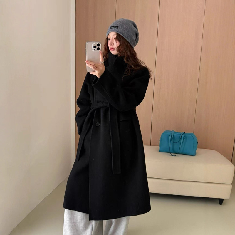 Stand Collar Lapel Two-Wear All-Wool Design Handmade Double-Sided Coat Korean Style Silhouette Mid-Length Woolen Coat New