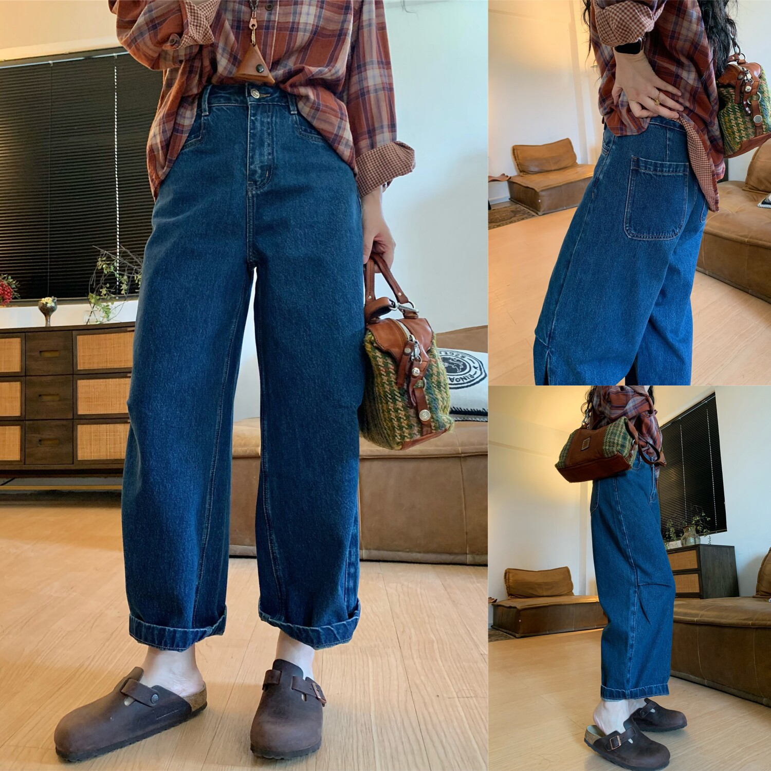Stiff fit! Japanese retro vintage dyed high-waisted casual dad jeans for petite women, cropped straight-leg jeans