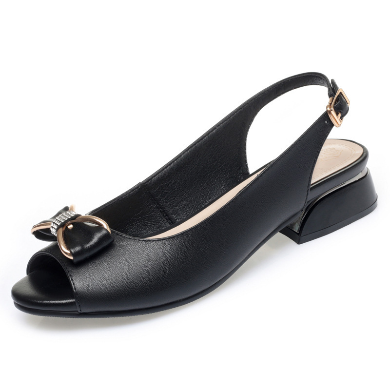 Sandal nữ da thật mũi hở gót thấp đế mềm phong cách thời trang — màu đen