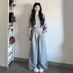 2025慵懒风套装女美式辣妹斜肩长袖上衣高腰阔腿裤休闲显瘦两件套