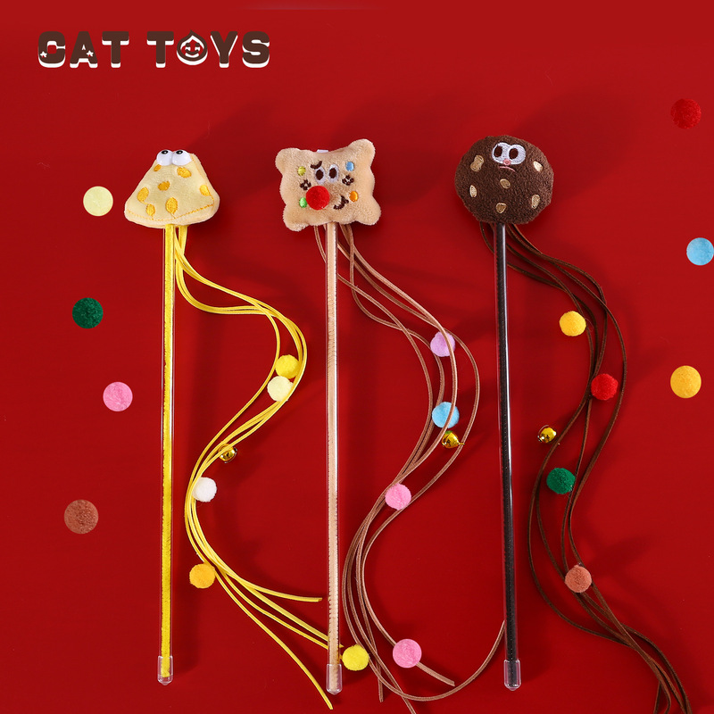 Cat cartoon cookie funny cat stick plush cheese toast tassel ball sound interactive training TOY rod