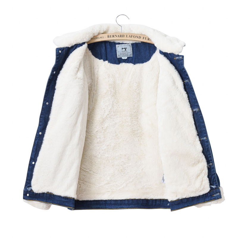 ファッション欧米のカシミヤの厚いデニムのコートの女性の子羊の毛の冬はウサギの毛のカジュアルな紺色のジャケットをまねます。|undefined