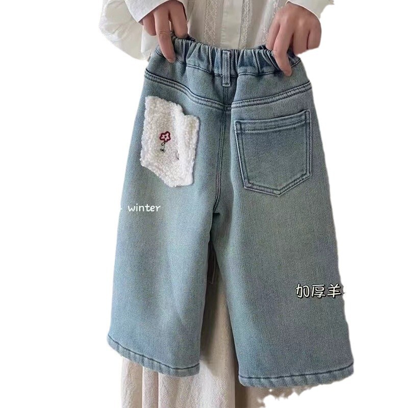 童装女童秋冬加绒加厚牛仔裤新款儿童一体绒直筒阔腿裤宝宝裤耐用|undefined