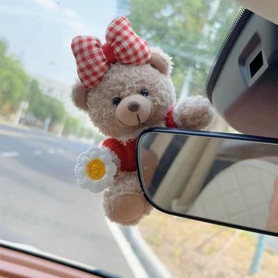 Car ornaments | Goddess - red-checkered-bear-rearview-mirror-model