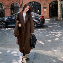 美拉德加棉加厚中长款过膝毛呢外套女秋冬高个子赫本新款呢子大衣