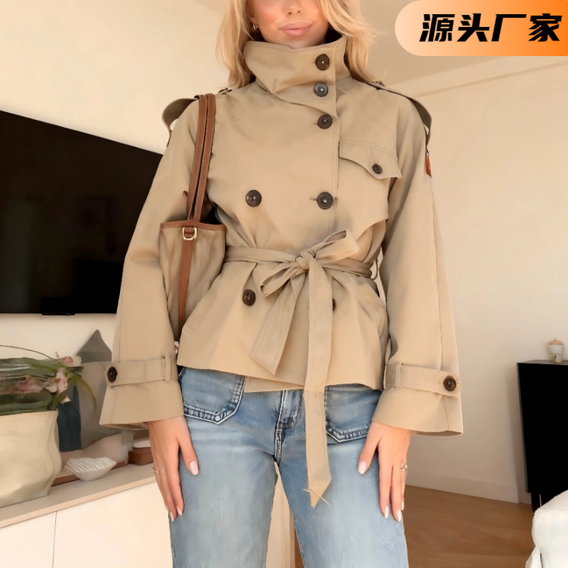 Foreign Trade 2025 New Retro Lapel Design Double-Breasted Lace-Up Versatile Long-Sleeved Short Windbreaker Jacket