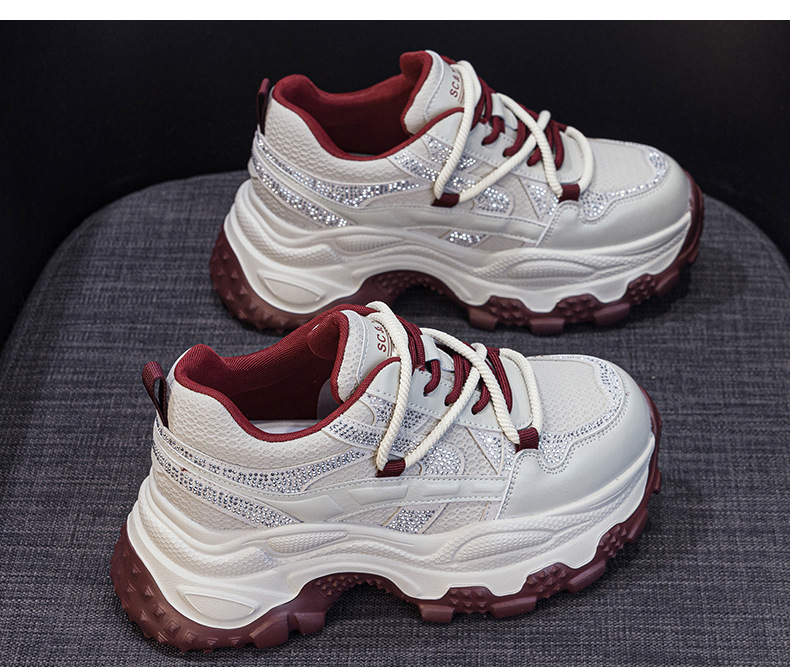 Giày sneaker nữ chunky đế dày phối đá pha lê, tăng chiều cao, siêu nhẹ, thể thao thời trang — 5022-1 đỏ lót lông, 5022 đỏ một lớp chi tiết 15