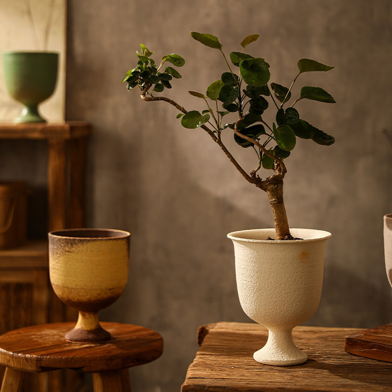 Jingdezhen Ceramic Small Flower Pot for Living Room, Vintage Home Indoor Decoration, Cup-Shaped White Coarse Pottery Pot for Green Plants
