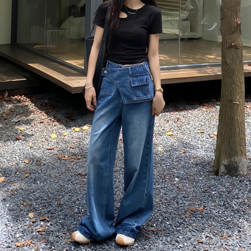 美式阔腿牛仔裤女秋季2025新款大码胖mm显瘦宽松直筒梨型身材裤子|undefined