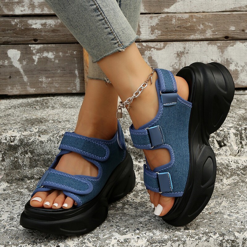 2024 European and American new sandals muffin velcro plus size foreign trade thick-soled sandals cross-border denim women's shoes