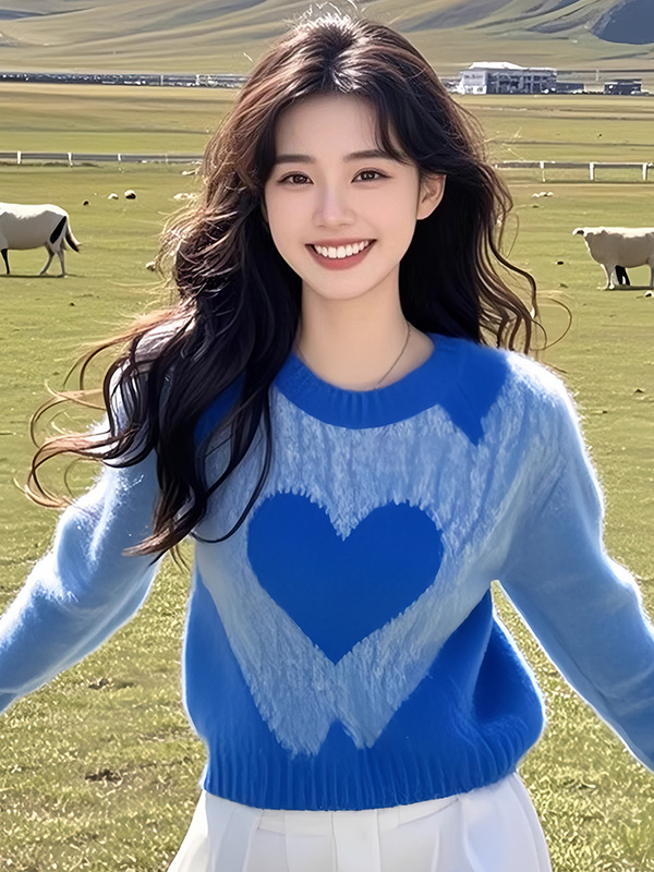 克莱因蓝爱心印花撞色毛衣针织衫女2025早秋季新款多巴胺漂亮上衣|undefined