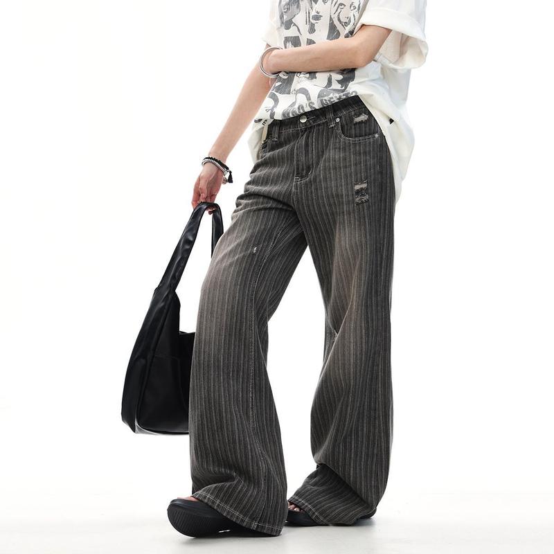 潮牌个性复古水洗竖条纹牛仔裤男女宽松美式高街cleanfit裤子春夏|undefined