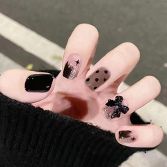 Black butterfly bow sweet cool spicy girl high-end Instagram style short gradient aurora wear-on nails false nail sheets wholesale