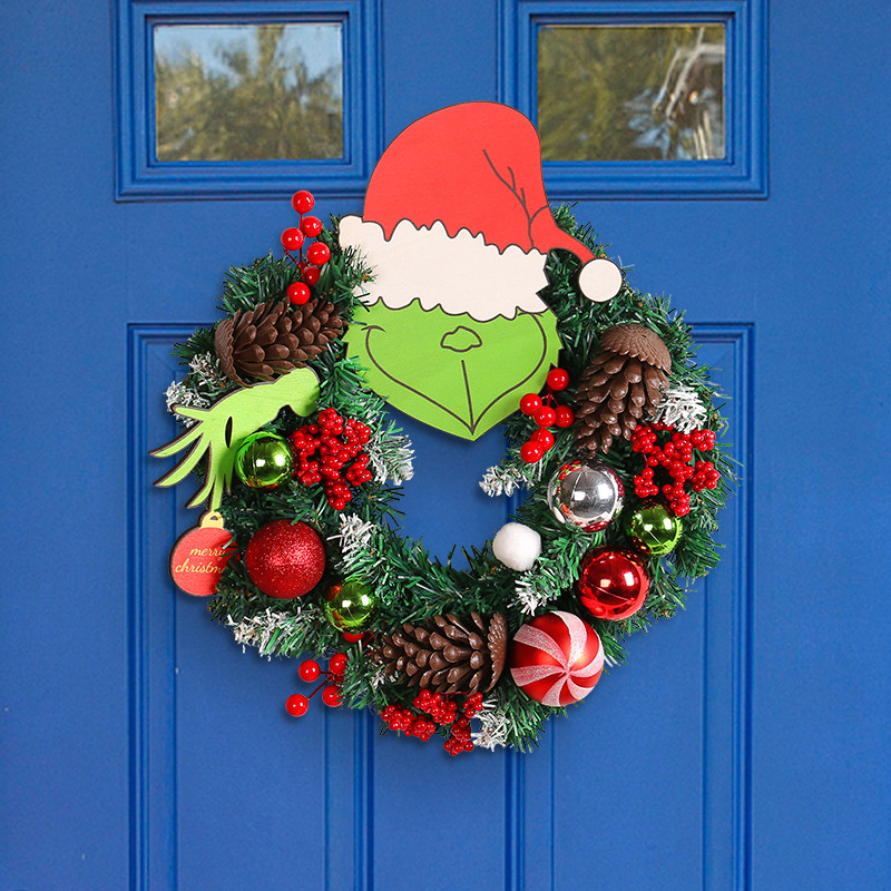 Guirnalda Navideña Creativa de Amazon con Diseño de Grinch, Guirnalda de Navidad con Diseño de Monstruo Verde y Piñas, Decoración para Colgar en la Pared o en la Puerta