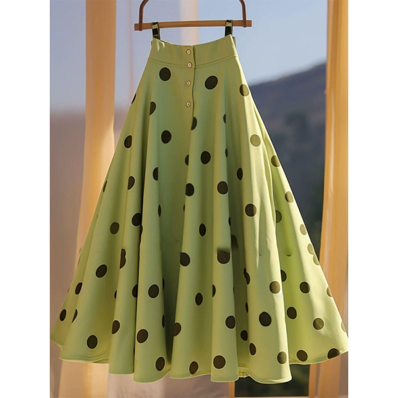 Французская фея, нежный стиль, элитная юбка, зеленая юбка-зонтик в горошек, полуплатье, весенне-летний новый универсальный стиль