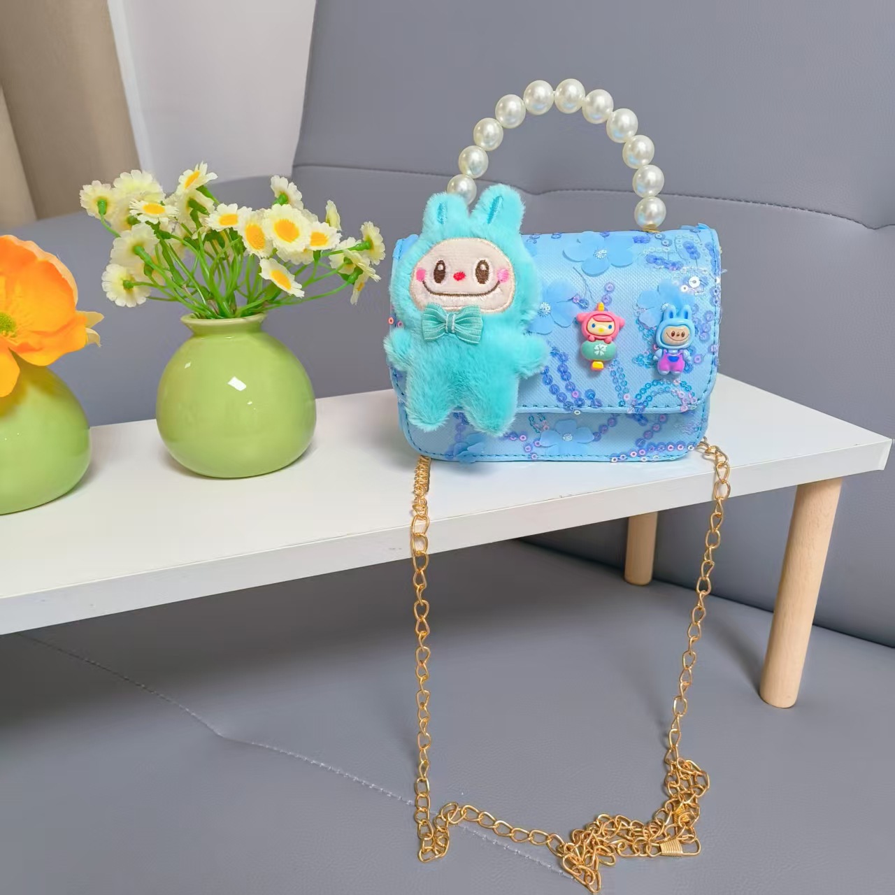 Niños perlas bolsos portátiles de princesa bolsos de cinturón de viento fragante bolsos de Año Nuevo de chicas bolsos de arco de cadena bolsos pequeños