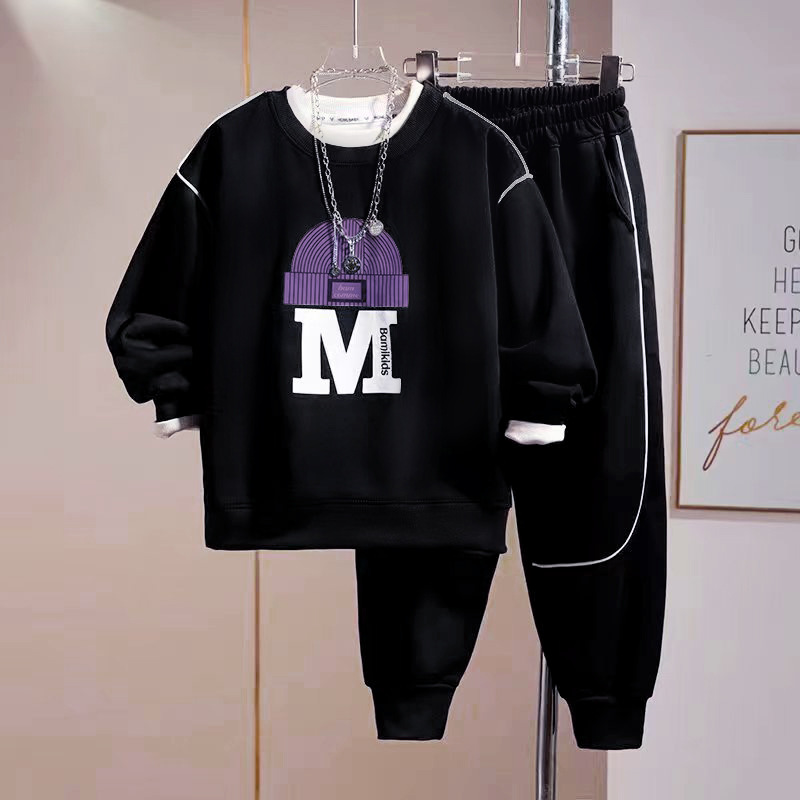 Beau pull de sport décontracté pour garçons, ensemble deux pièces ample avec lettres imprimées, ensemble DF, printemps et automne, 1403_voghion.com