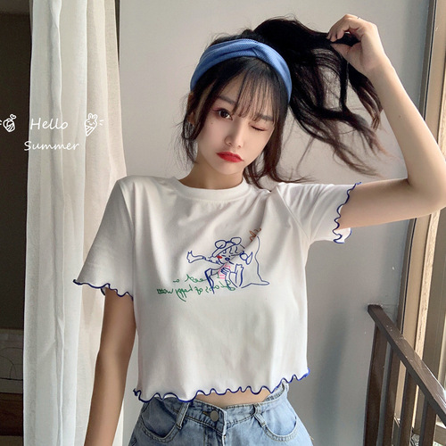 Doodle Short Sleeve T-Shirt for Women 2025 Summer New Slimming Short Length High-Waist Wavy Edge Hot Girl Revealing Top Trendy