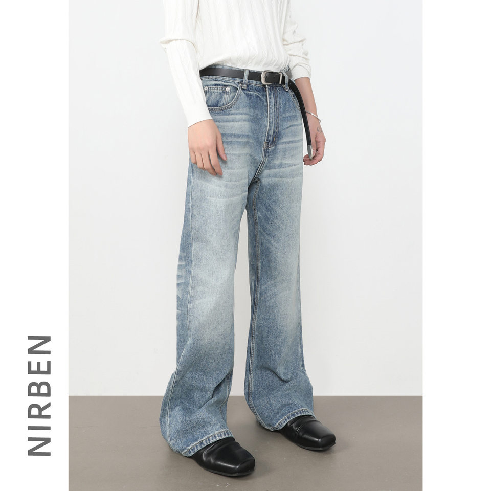 Quần jean nam ống loe nhẹ dáng rộng thoải mái, vải denim xử lý bạc màu — màu xanh, màu xanh nhạt, màu xám đen