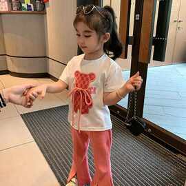 女童2025网红套装儿童新款夏季卡通T恤洋气喇叭裤短袖甜美公主潮