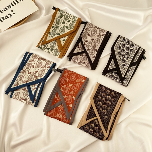 French Retro Cashew Flower Small Silk Scarf Korean New Style Diagonal Small Collar Scarf Spring Autumn Elegant Women Binding Scarf with Tassels Hairband
