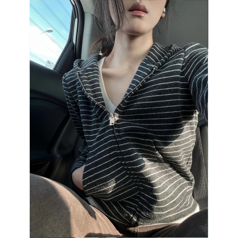 黑色条纹卫衣外套女2025新款韩系早秋穿搭美式复古慵懒风毛衣外套|undefined