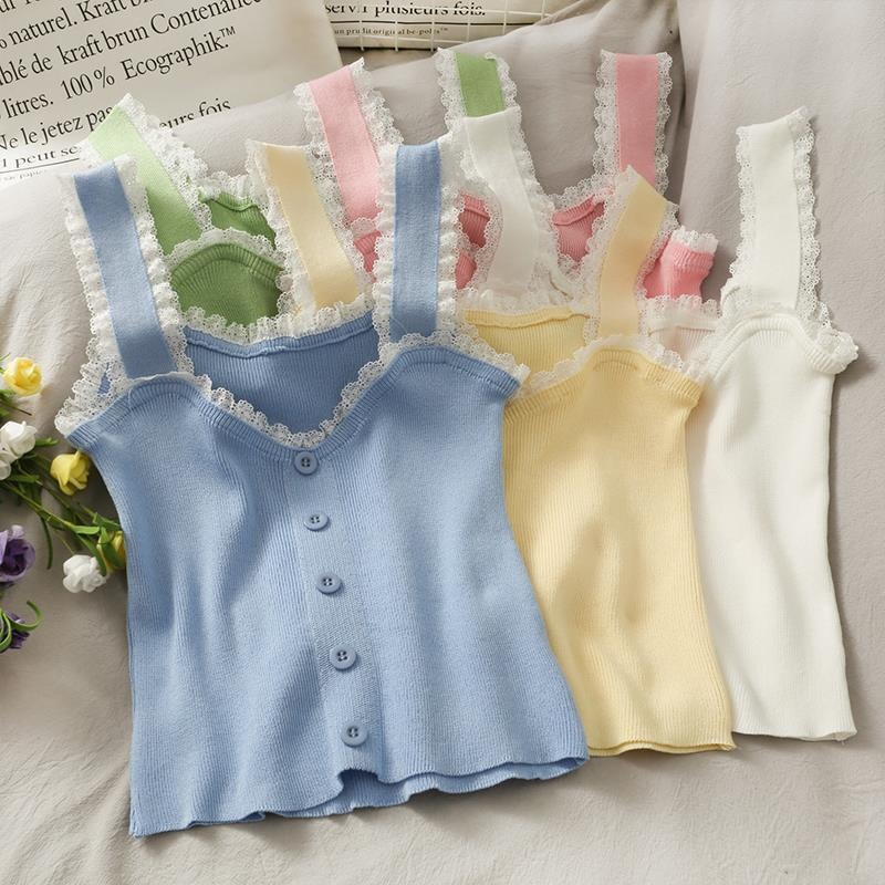 Super Fairy Lace Patchwork Ruffled Short Slim-Fit Camisole for Women, New Candy Color Versatile Button-Up Tank Top for Summer Super Fairy Lace Patchwork Ruffled Short Slim-Fit Camisole for Women, New Candy Color Versatile Button-Up Tank Top for Summer