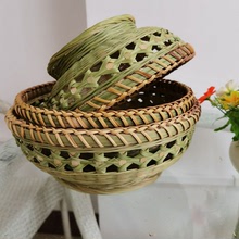 民間特色手工編織竹編工藝品籃子帶底座家用收納籃藤口編水果籃