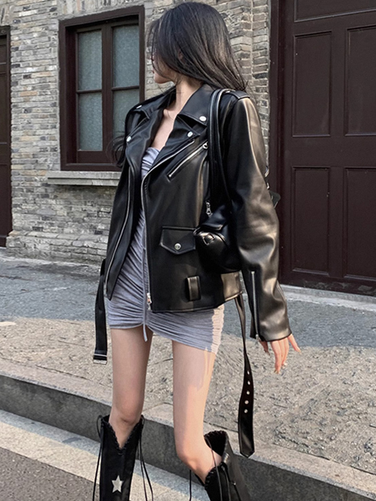 Motorcycle Leather Jacket Women's American Street Cool Style 2025 Spring and Autum New Loose Jacket Pu Leather Elegant