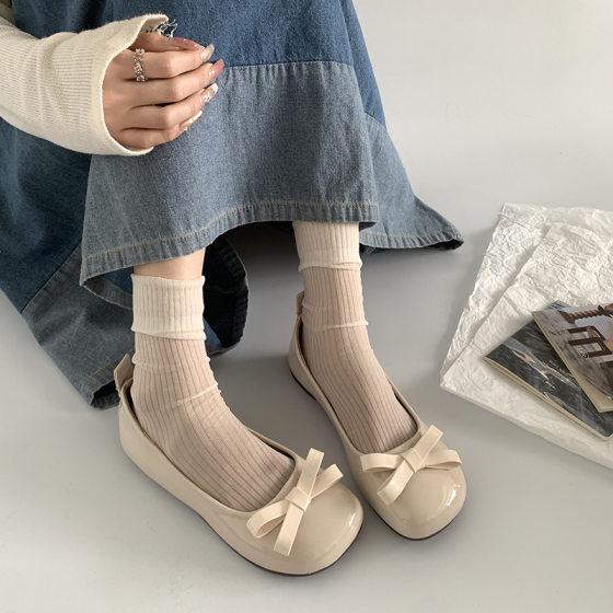 French Style All-match Bow with Skirt Soft Bottom Bean Shoes Women's Outer Wear 2024 Summer New Shallow Mouth Flat Single-layer Shoes