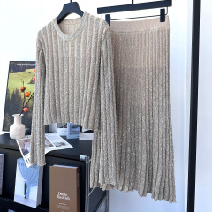 24秋冬の女性の新型の小さい香の風の豪華なフラッシュの玉のスパンコールの穴の条の頭の長袖のニットの上着の半身のスカート