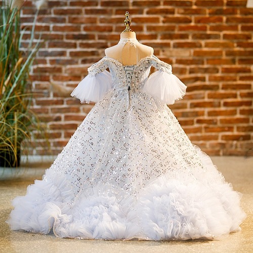 Bridegroom's wedding dress high-end show luxury heavy hand-made host piano performance dress train girl's dress princess skirt 
