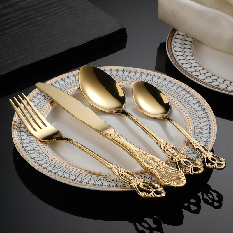 Vintage Imperial Stainless Steel Tableware Four-piece Set Creative Western Steak Knife and Fork Spoon suit Hotel Spoon Knife and Fork Vintage Imperial Stainless Steel Tableware Four-piece Set Creative Western Steak Knife and Fork Spoon suit Hotel Spoon Knife and Fork