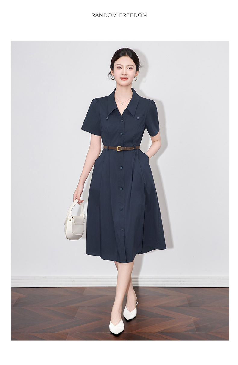 Váy liền kiểu áo sơ mi nữ cổ bẻ eo thon, dáng midi thanh lịch — Màu xanh navy chi tiết 10