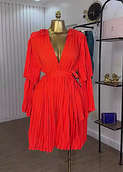 Summer New Arrival Women's Clothing Solid Color Fashion Dress V Neck Chiffon Pleated Tie Batwing Sleeve American Style_ecoleips.com