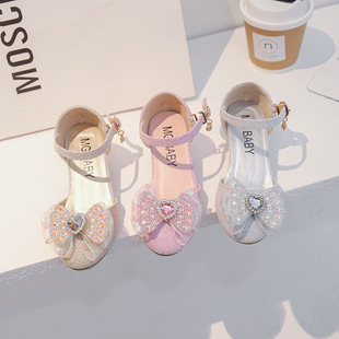 Children's Shoes 2025 Spring New Cute Girls Rhinestone Princess Shoes Leather Shoes Crystal Shoes Baby Bow Shoes
