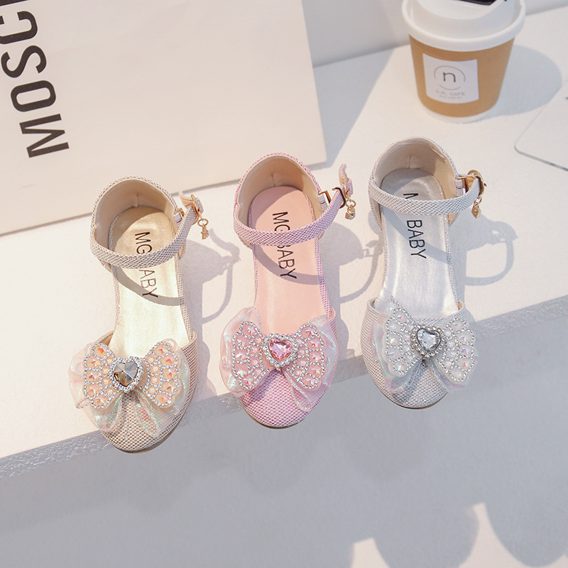 Children's Shoes 2023 Spring New Cute Girls Diamond Princess Shoes Leather Shoes Crystal Shoes Baby Bowknot Single Shoes