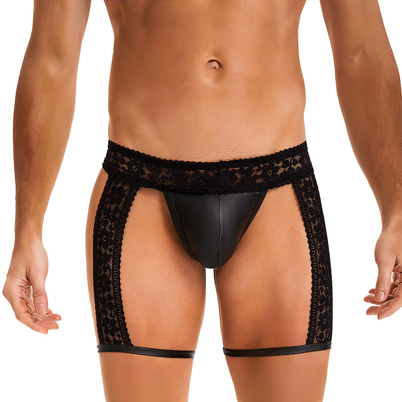 Tanga de imitación de cuero sexy para hombre, pseudo-madre, comercio exterior transfronterizo al por mayor, polainas de encaje gay, calzoncillos sexys