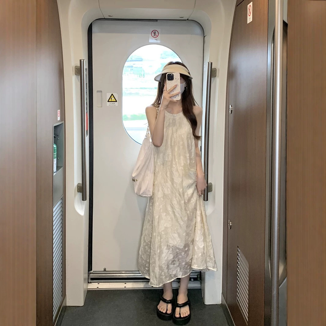 Váy liền maxi nữ cổ yếm dáng suông họa tiết hoa nổi — màu mơ chi tiết 2