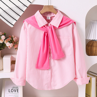 Cross-Border Children's Clothing 2025 New Autum Korean Style Casual Stripesd Long-Sleeved Shirt Tops for Girls and Boys with Detachable Shawl