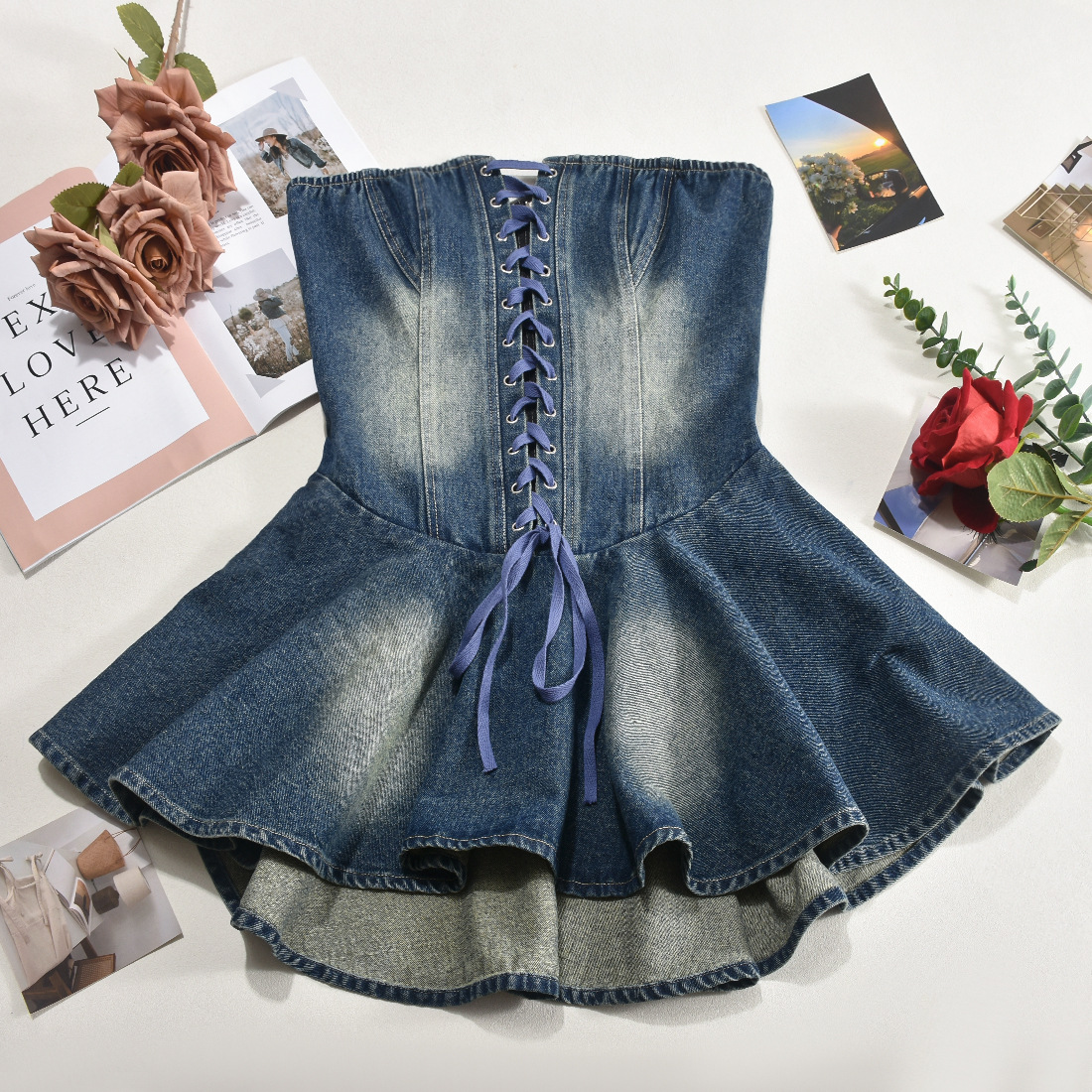 Wholesale Women's Sexy Streetwear Solid Color Holiday Bar Strapless Sleeveless Denim Dress display picture 5